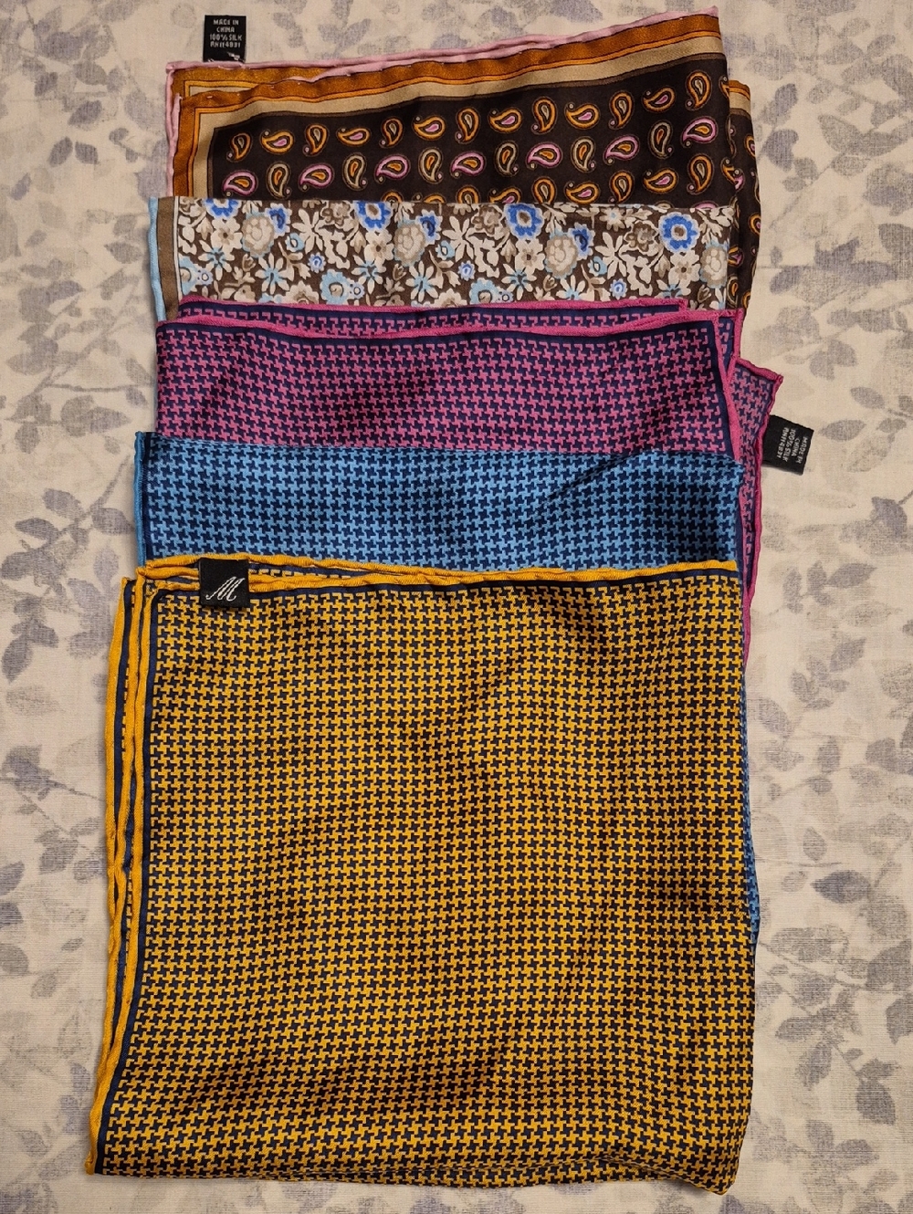 5 Men's 100% Silk Multicolor Pocket Squares- Blue, Pink, Yellow, Brown